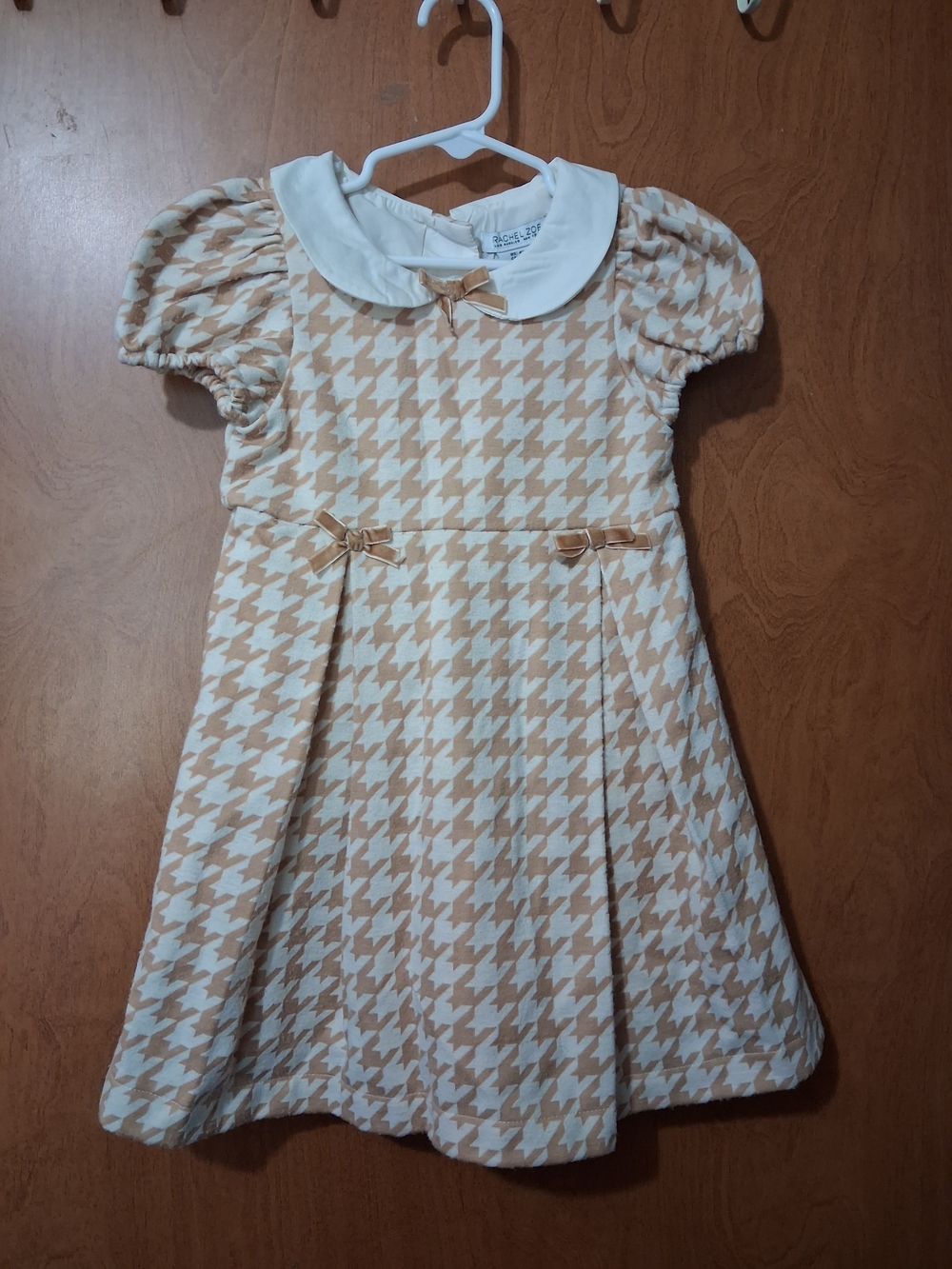 Rachel Zoe Cream & Tan Houndstooth Girls Dress with Peter Pan Collar